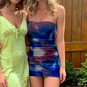 Elegant Blue and Red Strapless Mini Dress